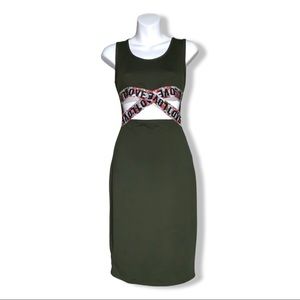 Woman's Body Con Dress,Army Green Peek a Boo Belly Quarter Length Sexy Dress